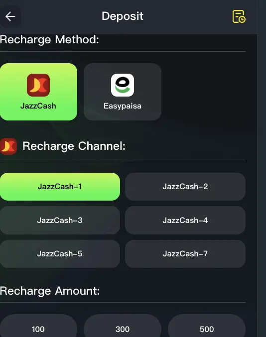 BBRS Game deposit page showing JazzCash and Easypaisa payment methods with deposit options