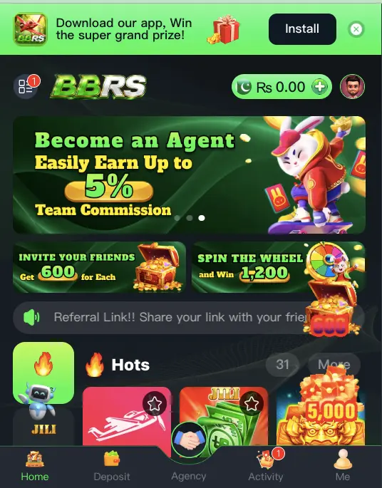 BBRS Game home dashboard showing hot games, slot games, cards, and VIP section