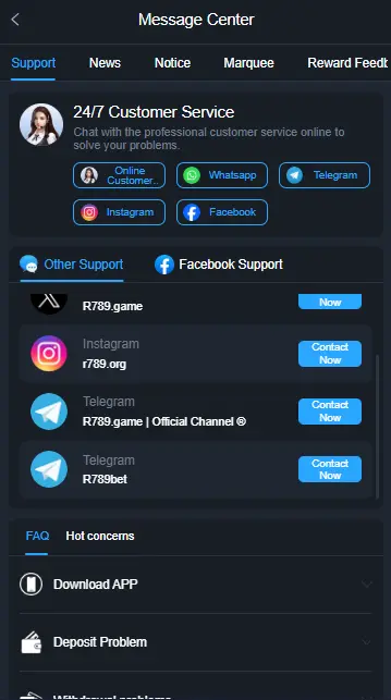 R789 Game customer support page with WhatsApp, Telegram, and Facebook contact options
