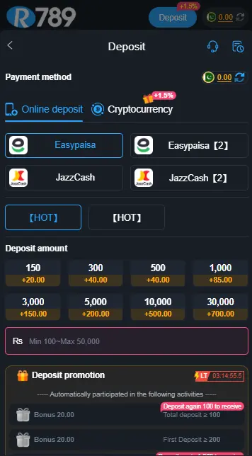 r789 deposit screen with opttions like easypaisa, jazz cash and crypto