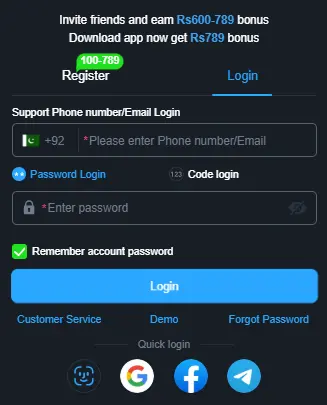 R789 Game login page with phone number, password, and social login options