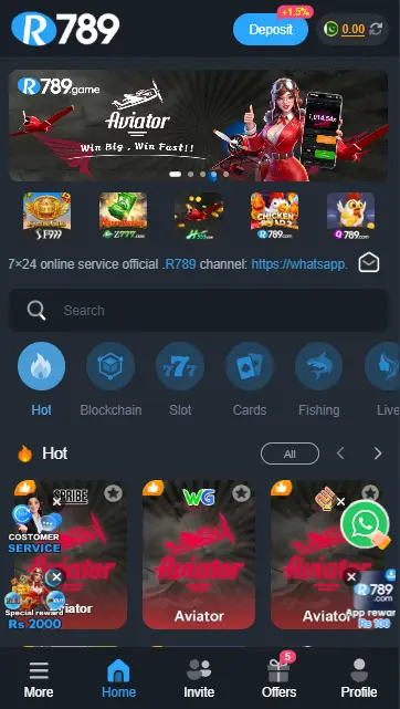 R789 Game homepage showing Aviator game, categories, and featured games section