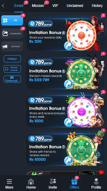 R789 Game promotions page displaying invitation bonuses and reward offers