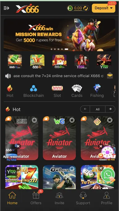 X666 Game home dashboard showing hot games, slot games, cards, and VIP section.