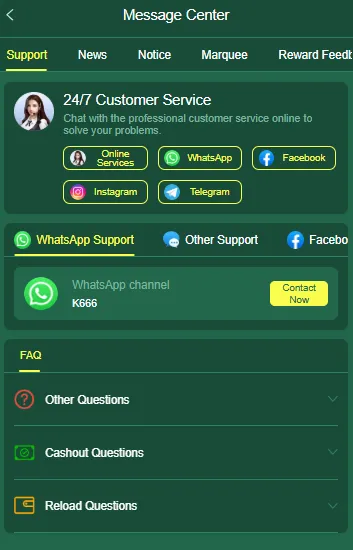 K666 Game customer support screen with WhatsApp and Telegram options