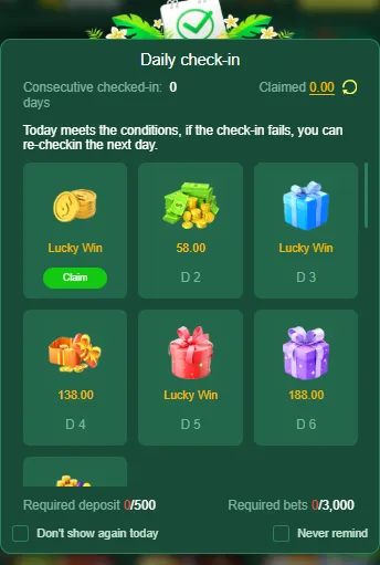 K666 Game daily check-in rewards system showing bonus and coins