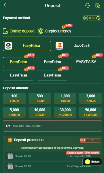 K666 Game deposit screen with JazzCash and EasyPaisa payment methods