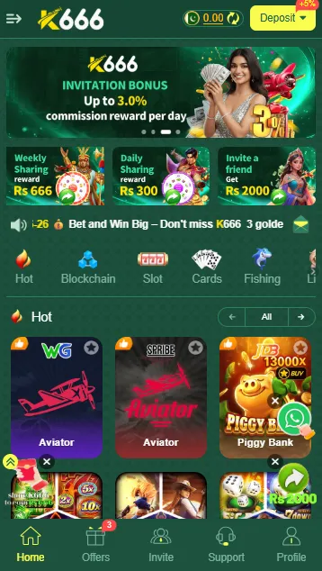 K666 Game home screen with Aviator, slots, and earning games
