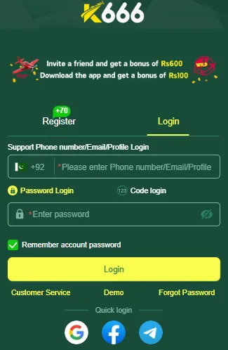K666 Game login screen showing mobile number and password login