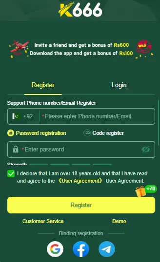K666 Game app registration screen with signup form in Pakistan