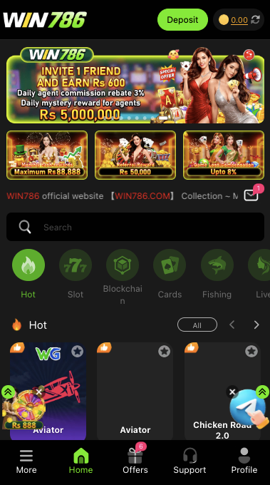 win786 home page ui, with hot games like slots,cards and fishing.