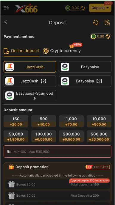 X666 Game deposit page showing JazzCash and Easypaisa payment methods with deposit options