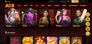 AS8 game home lobby with slots, live and Aviator