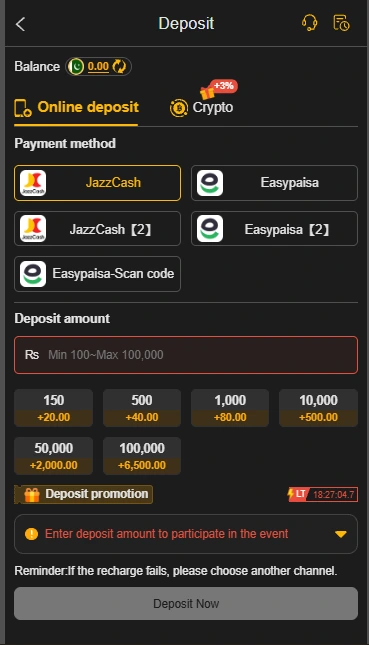 X666 game deposit screen with JazzCash, Easypaisa and crypto, minimum Rs 100