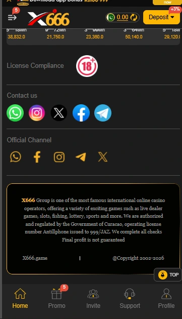 X666 game home screen showing 18 plus compliance and a Curacao licence note