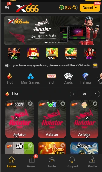 X666 game home screen showing Aviator and categories like slots, cards and fishing