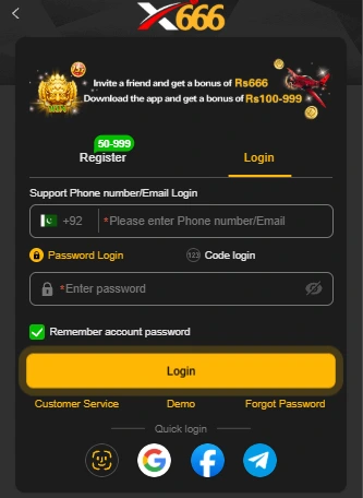 X666 game login screen with phone number, password and forgot password option