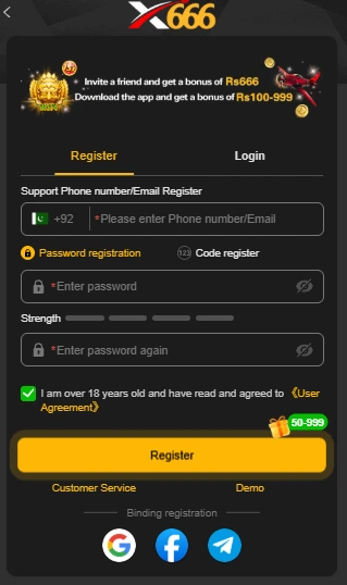 X666 game registration screen with phone number, password and 18 plus agreement