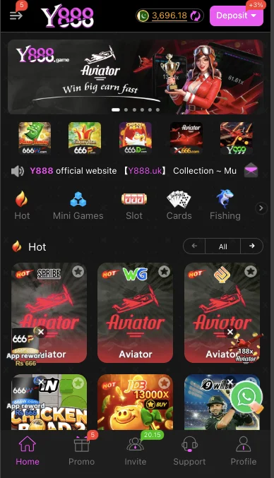 Y888 Game APK homepage and games