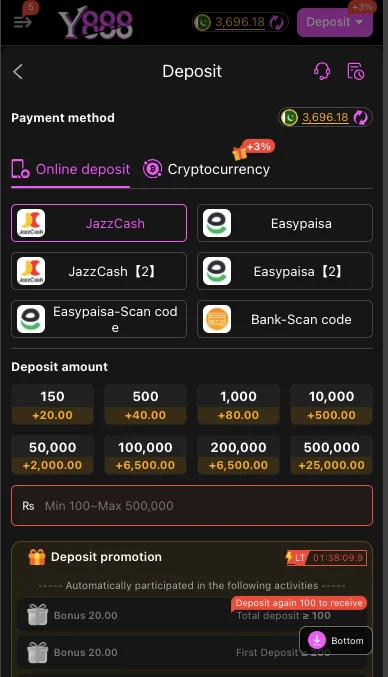 Y888 Game APK payment methods, easypaisa and jazzcash