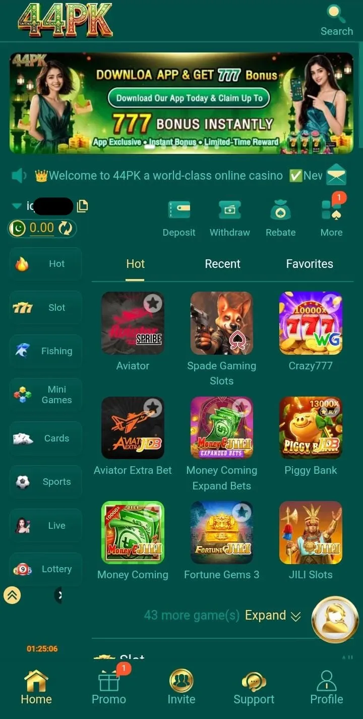 44pk game home lobby with Aviator and slots