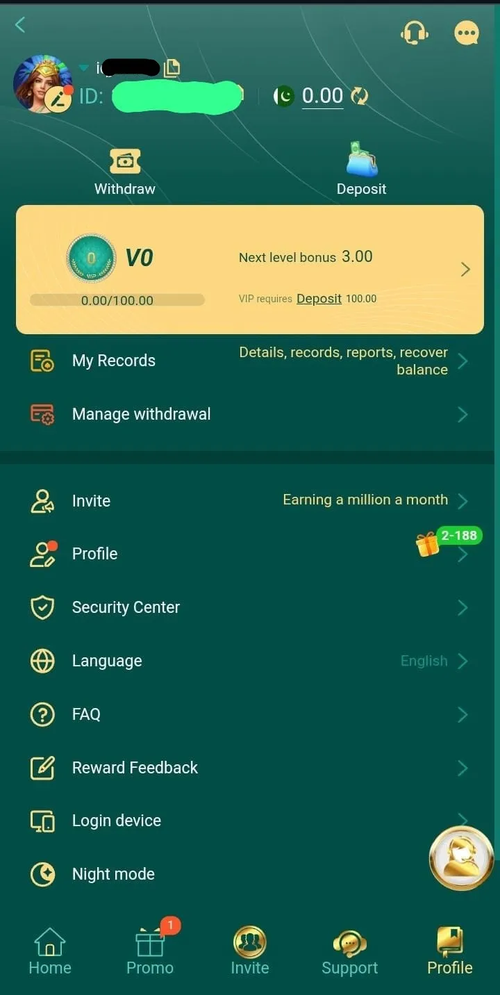 44pk game profile page with VIP level