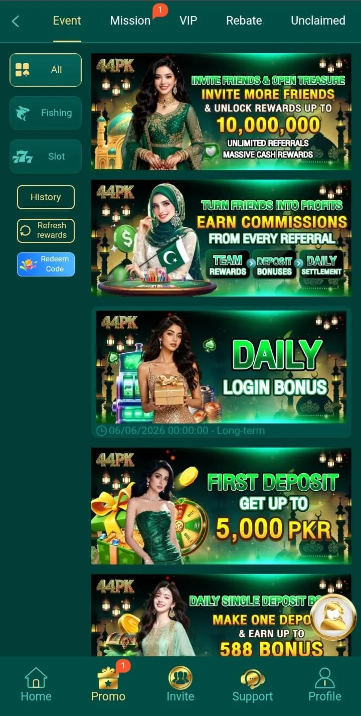 44pk game promotions with first deposit and daily login bonus