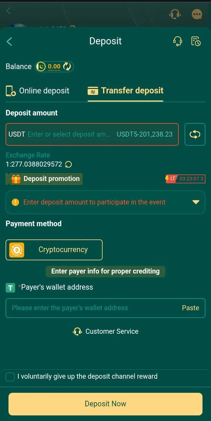 44pk game USDT crypto deposit screen