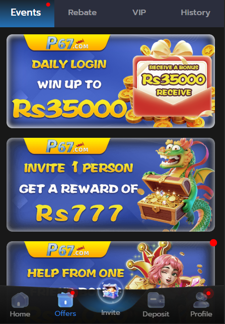 P67 game offers showing daily login reward up to Rs 35000 and invite reward Rs 777