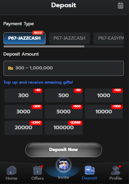 P67 game deposit screen with JazzCash, Easypaisa and PIX, minimum Rs 300