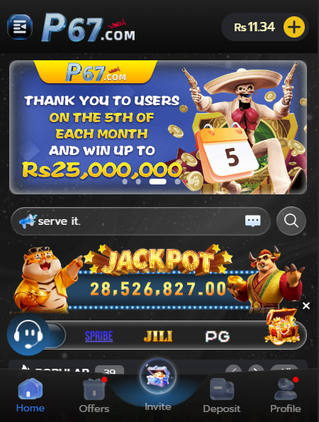 P67 game home screen with jackpot counter and providers Spribe, JILI and PG