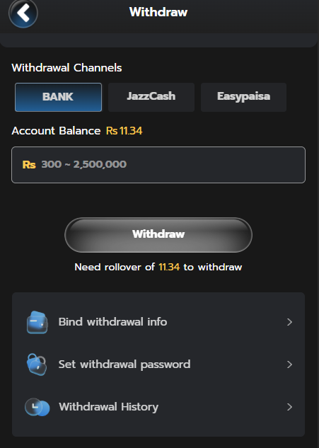 P67 game withdrawal screen showing bank, JazzCash, Easypaisa and a rollover note